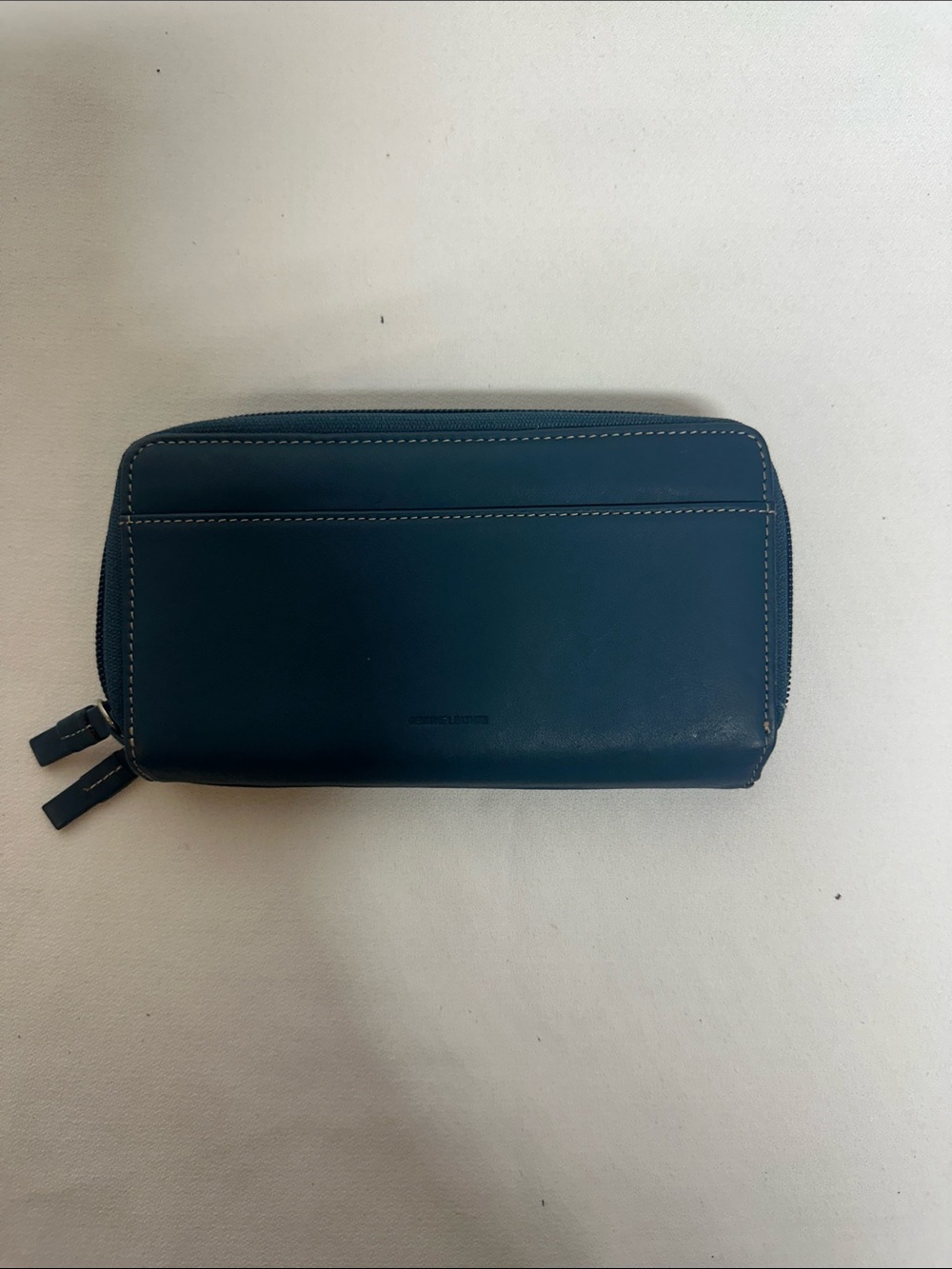 mundi Teal Leather Zip Wallet with White Stitching